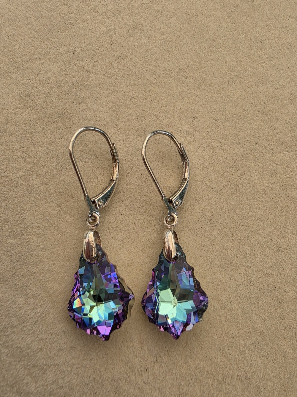 Silver Drop Crystal Earrings with Purple-Green Aurora Finish